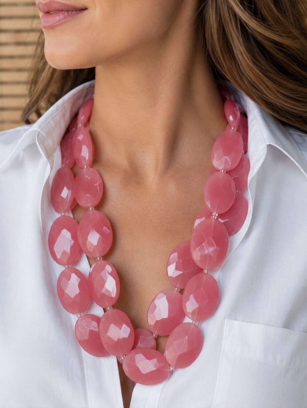 Salmon Color Faceted Translucent Acrylic Lucite Large Oval Flat Bead Necklace